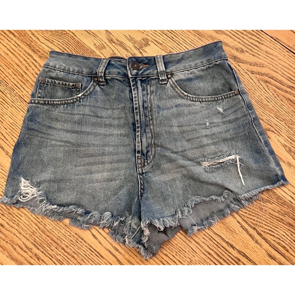 Rewash Distressed High Rise Denim Shorts Medium Wash Blue Frayed Hem